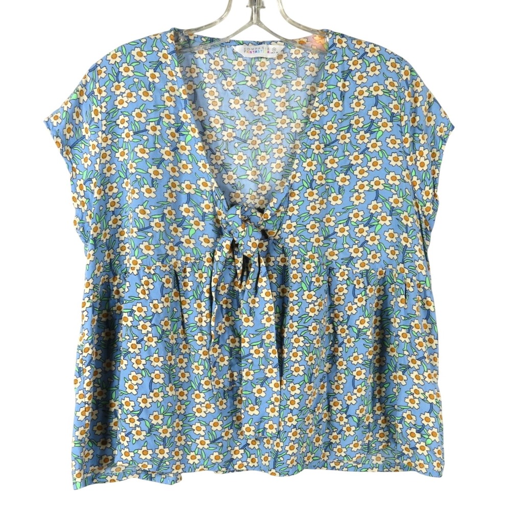 COMPANIA FANTASTICA Blue Ditsy Floral TIERED BLOUSE TOP Tie Front V-Neck SZ M